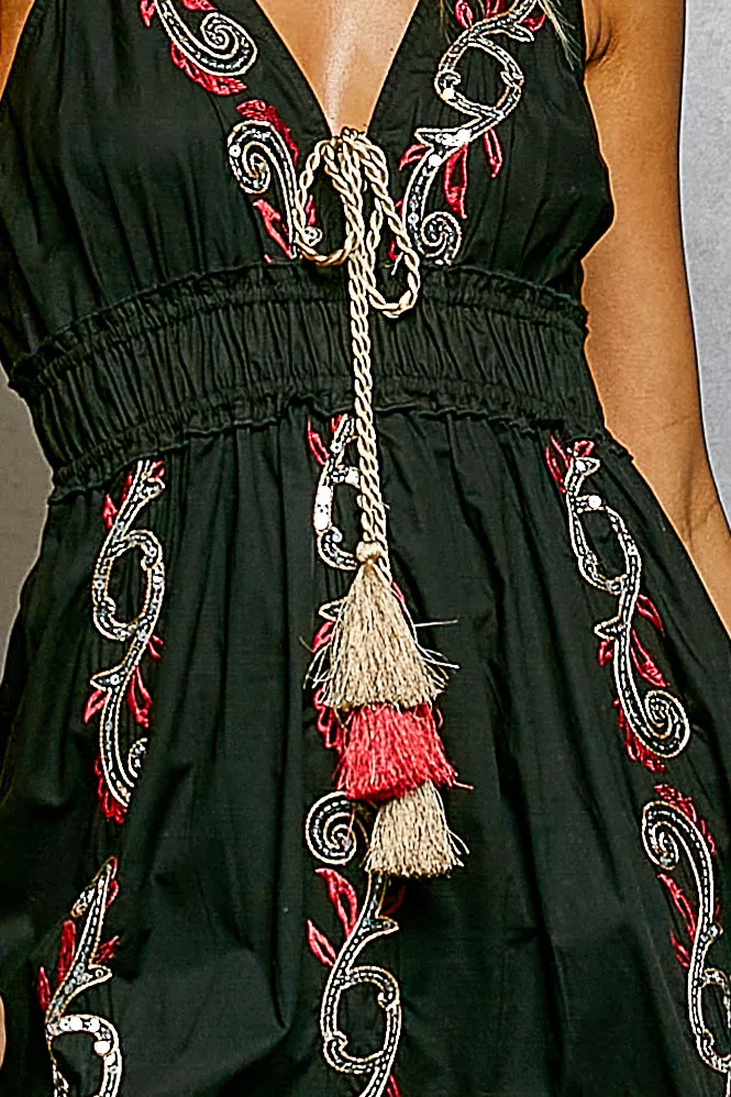 POL Embroidered Detail Tassel Tie Smocked Waist Midi Tiered Cami Dress - Image 6