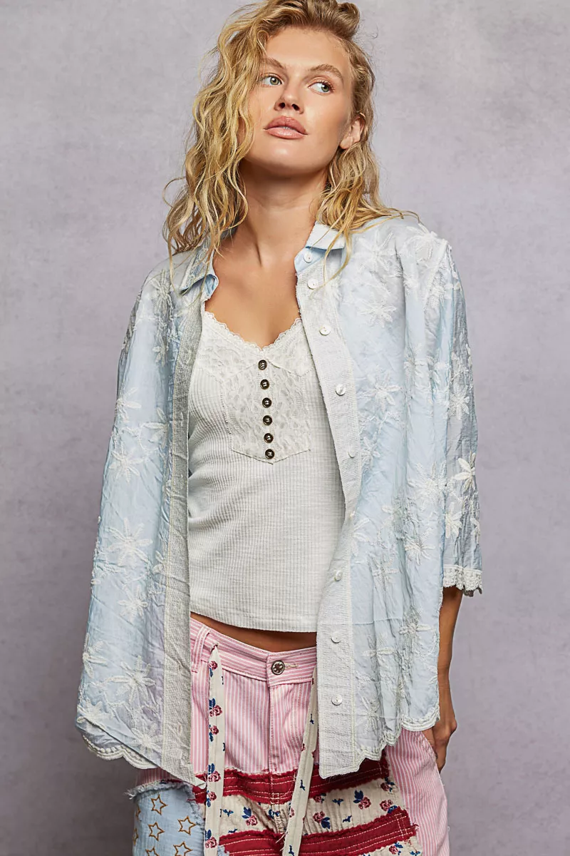 POL Embroidered Floral Collared Neck Shirt with Scalloped Edges - Image 2