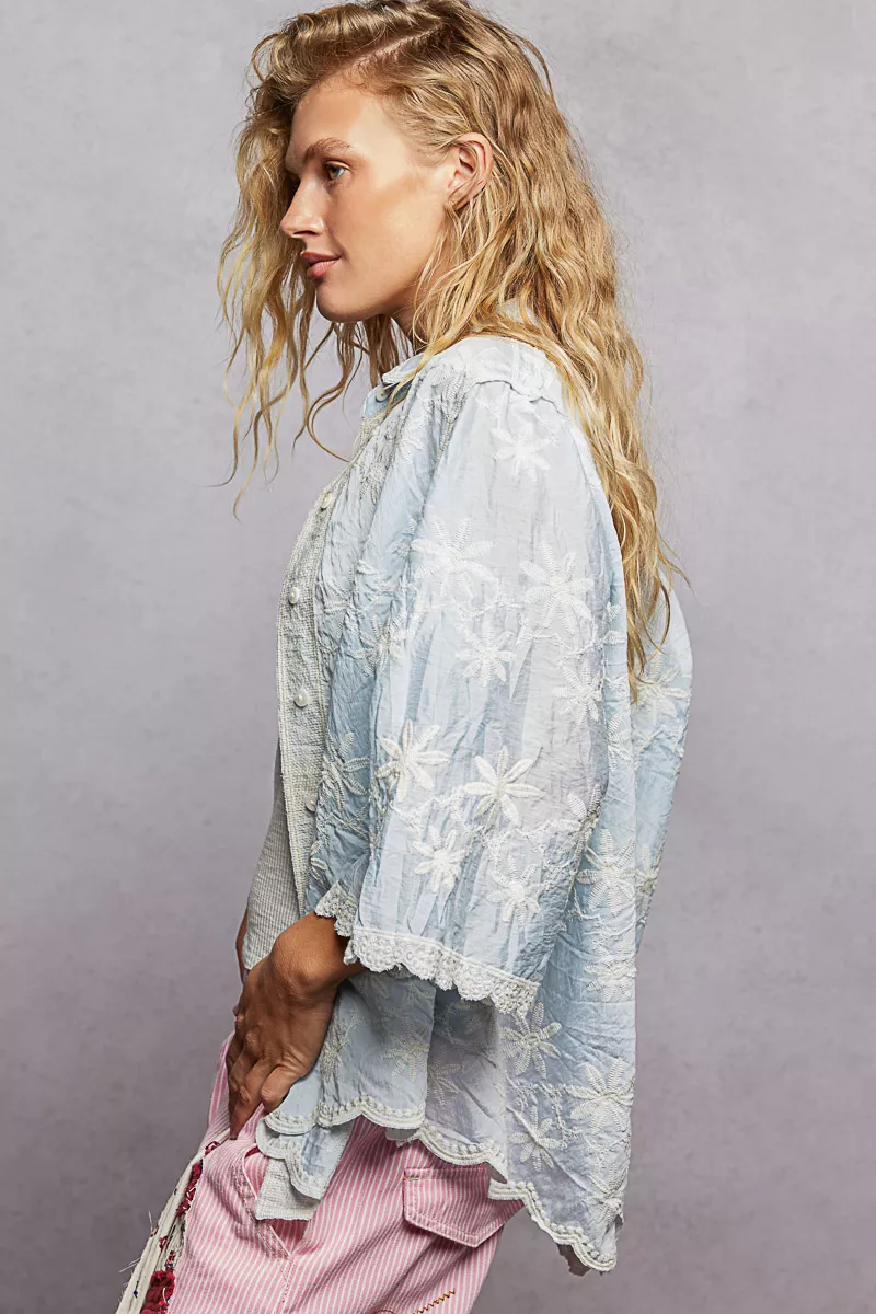 POL Embroidered Floral Collared Neck Shirt with Scalloped Edges - Image 3