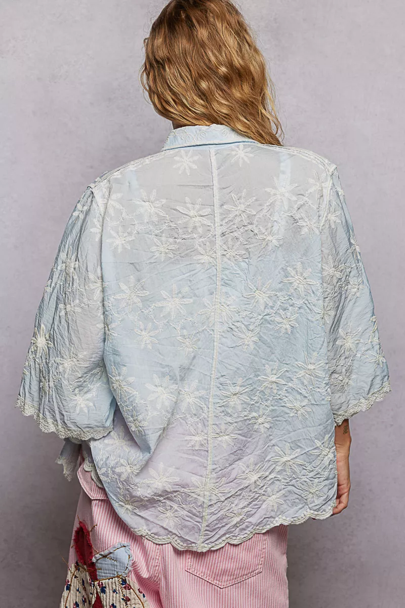 POL Embroidered Floral Collared Neck Shirt with Scalloped Edges - Image 4