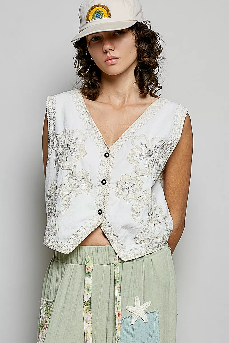 POL Embroidered Floral V-Neck Button Down Crochet Vest - Image 2