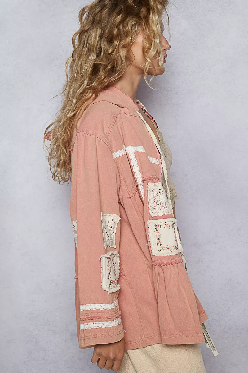 POL Embroidered Patch Hooded Jacket with Lace Detail - Image 3