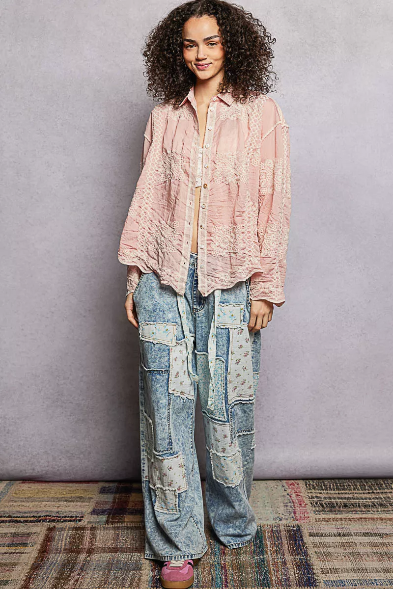 POL Embroidery Button Down Long Sleeve Shirt - Image 5
