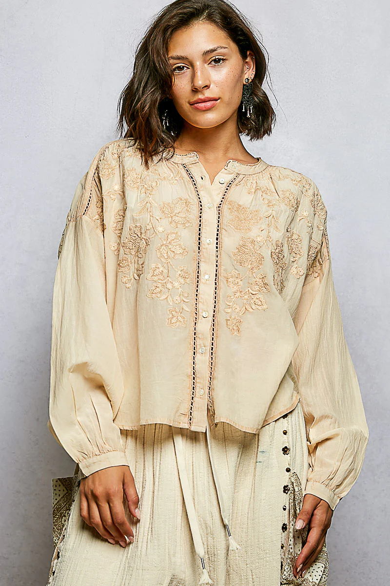 POL Embroidery Button Down Long Sleeve Washed Shirt - Image 10