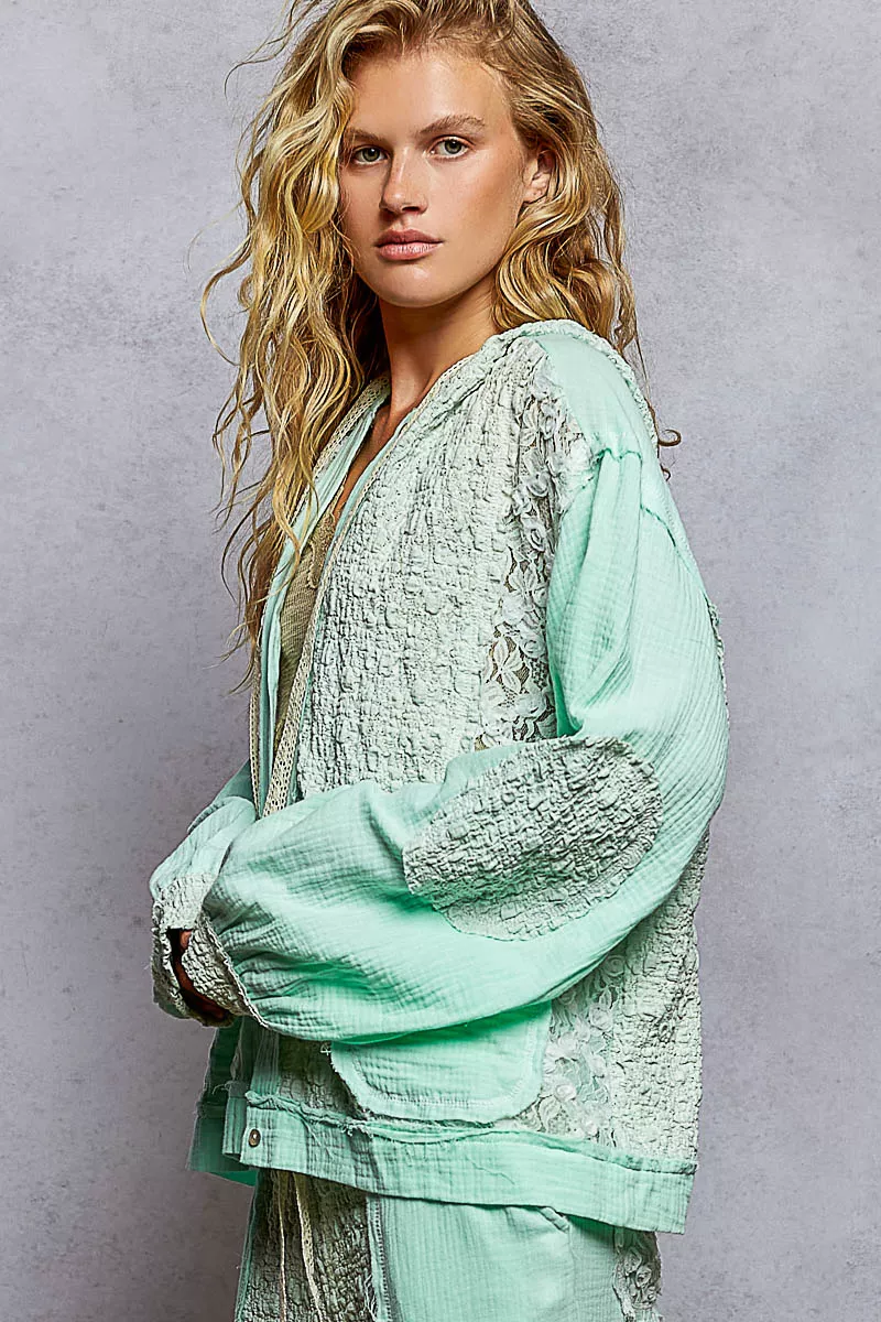 POL Exposed Seam Button Down Hooded Jacket with Lace Detail - Image 3