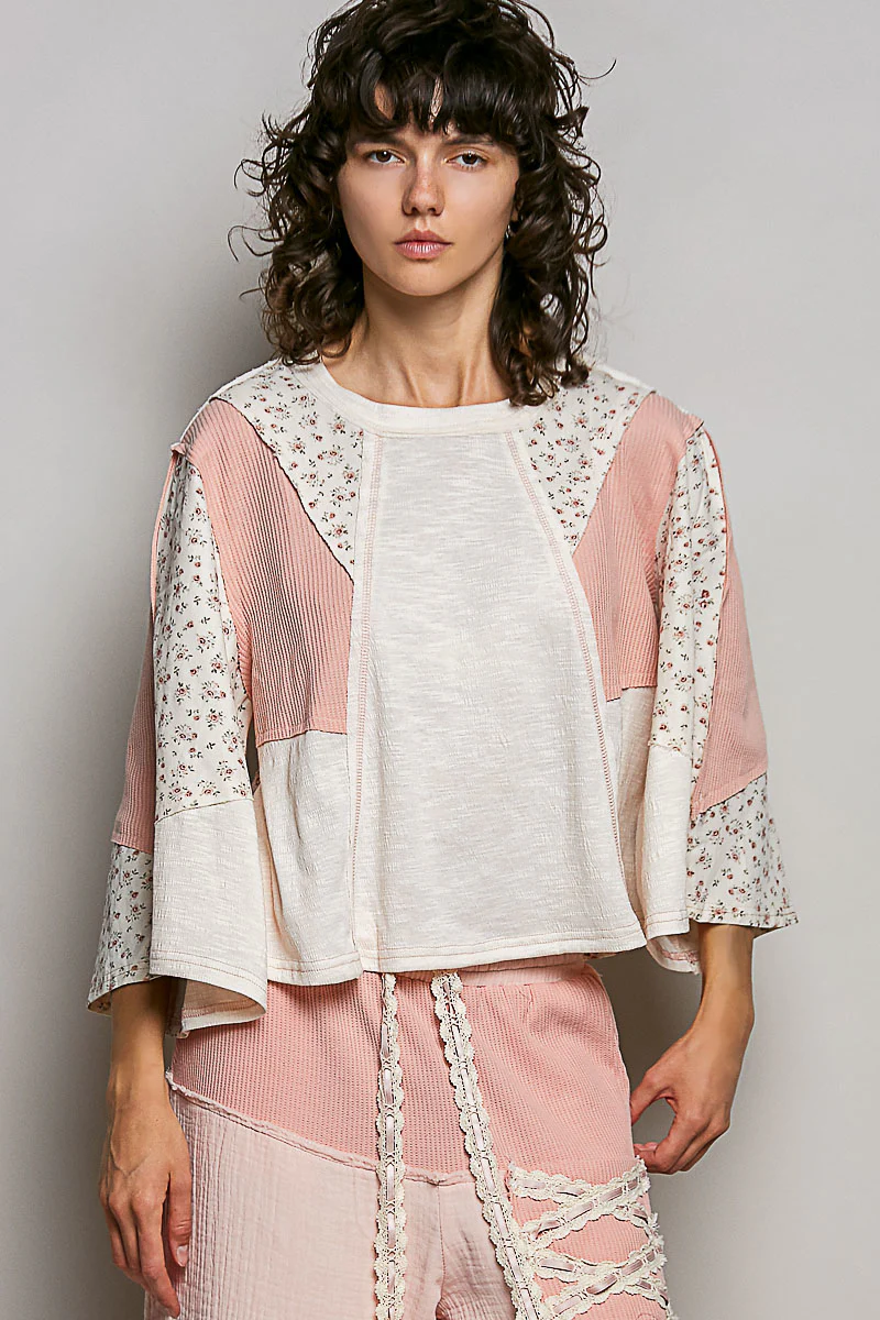 POL Exposed Seam Floral Patchwork Round Neck Textured Slub Knit Top - Image 2