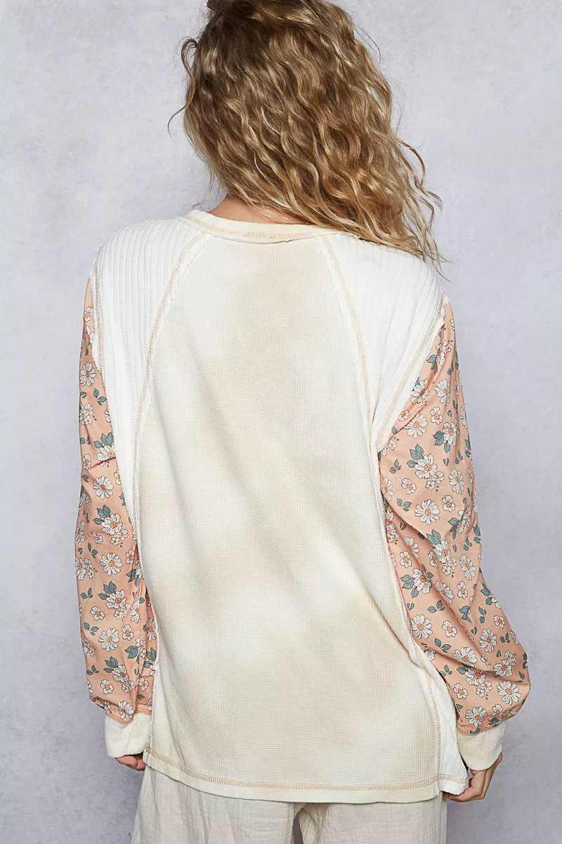 POL Exposed Seam Star Patch Thermal Top with Floral Sleeves - Image 4