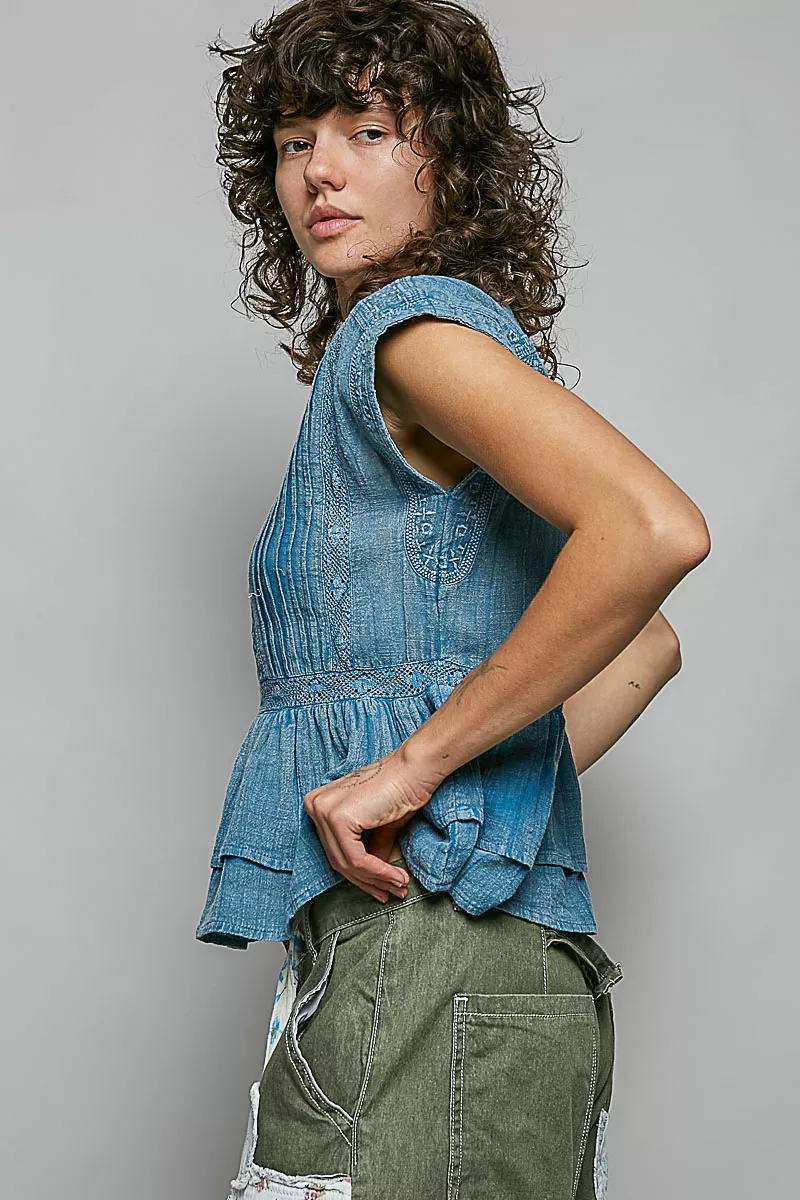 POL Eyelet Embroidery Pintuck Sleeveless Cotton Blouse - Image 3