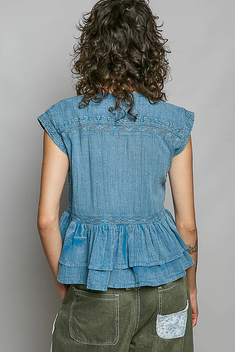 POL Eyelet Embroidery Pintuck Sleeveless Cotton Blouse - Image 4
