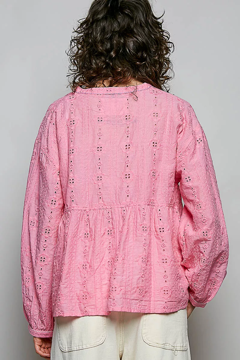 POL Eyelet Lace Split Neck Gathered Empire Waist Cotton Blouse - Image 3