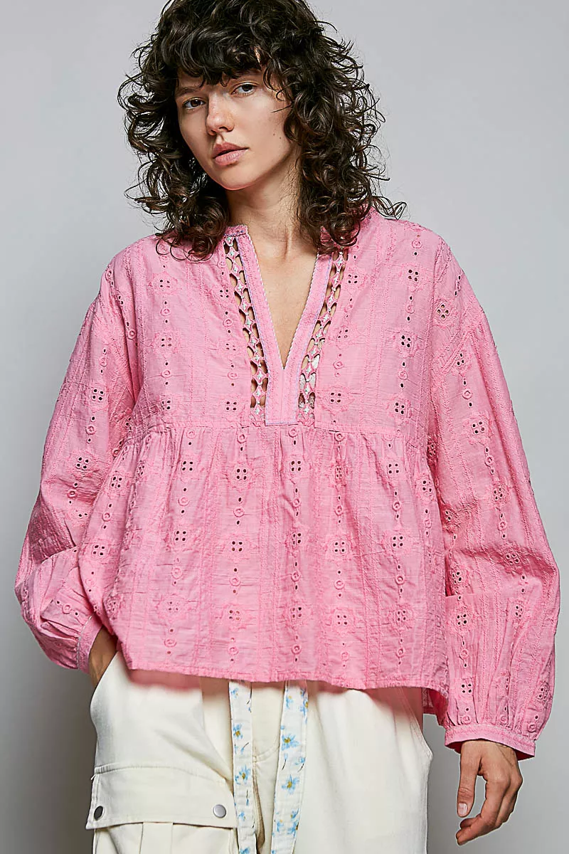 POL Eyelet Lace Split Neck Gathered Empire Waist Cotton Blouse - Image 4