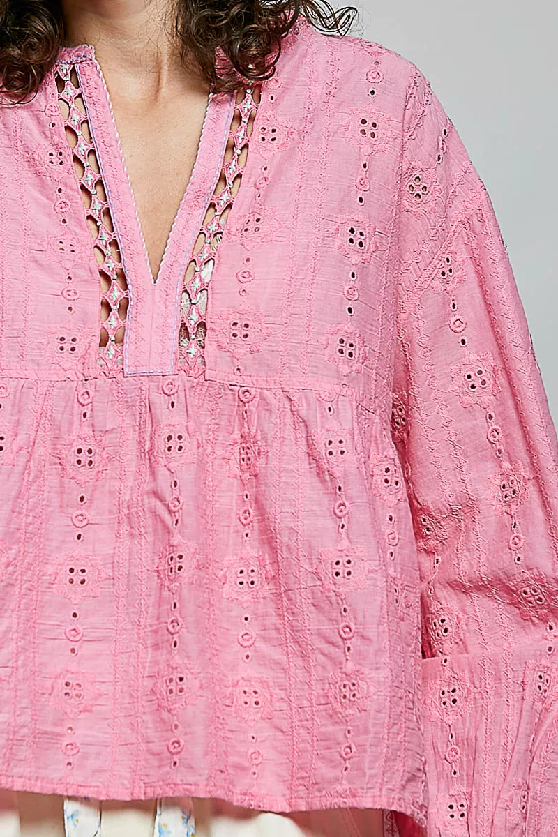 POL Eyelet Lace Split Neck Gathered Empire Waist Cotton Blouse - Image 6
