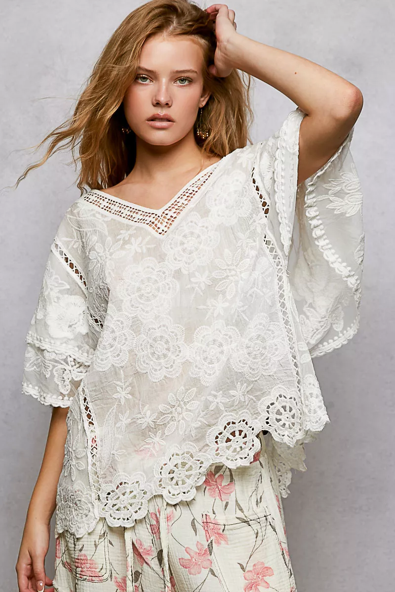 POL Floral Crochet V-Neck Short Sleeve Blouse with Scalloped Hem - Image 2