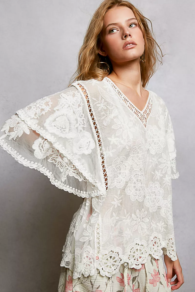 POL Floral Crochet V-Neck Short Sleeve Blouse with Scalloped Hem - Image 3
