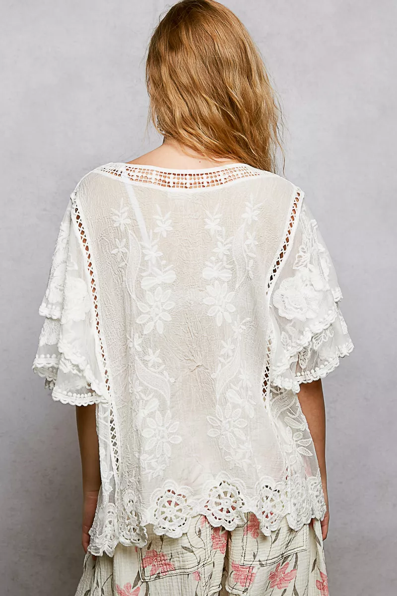 POL Floral Crochet V-Neck Short Sleeve Blouse with Scalloped Hem - Image 4