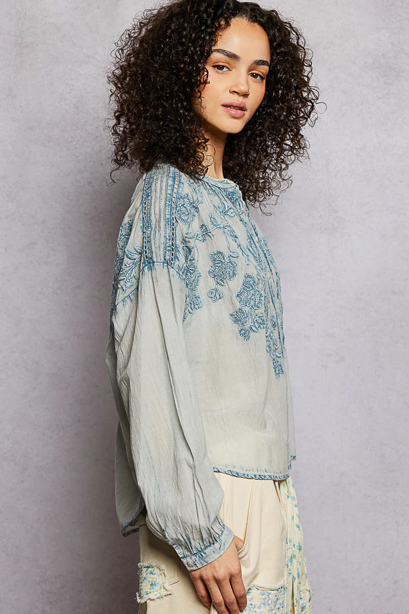 POL Floral Embroidered Button Down Long Sleeve Shirt - Image 3