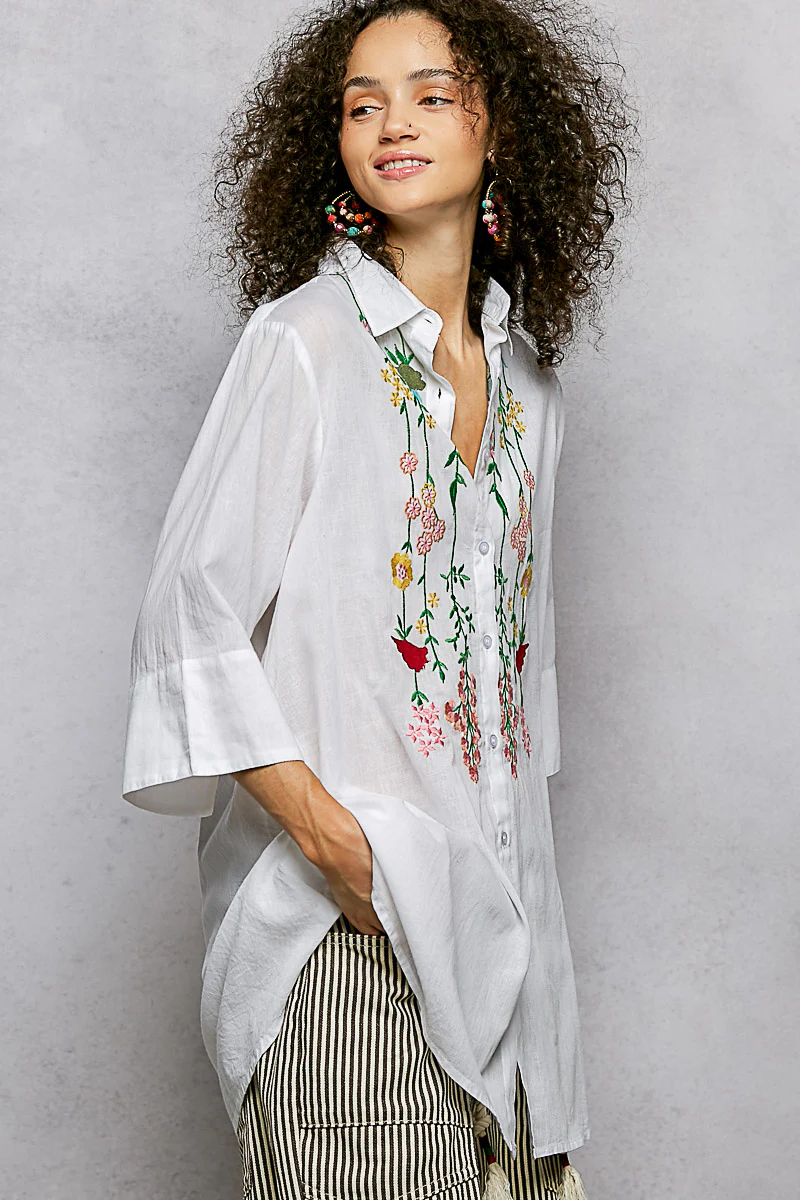 POL Floral Embroidered Half Sleeve Cotton Shirt - Image 3