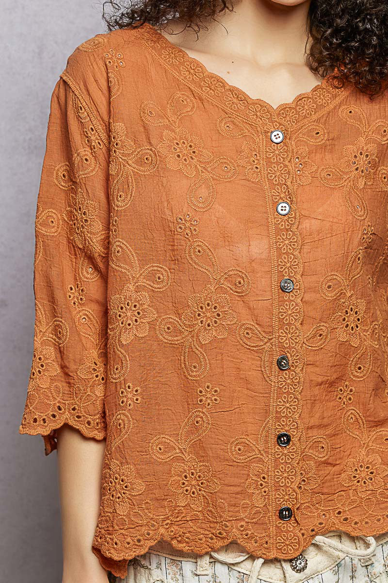 POL Floral Eyelet V-Neck Salloped Shirt - Image 6