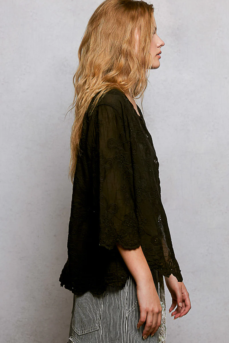 POL Floral Eyelet V-Neck Salloped Shirt - Image 3