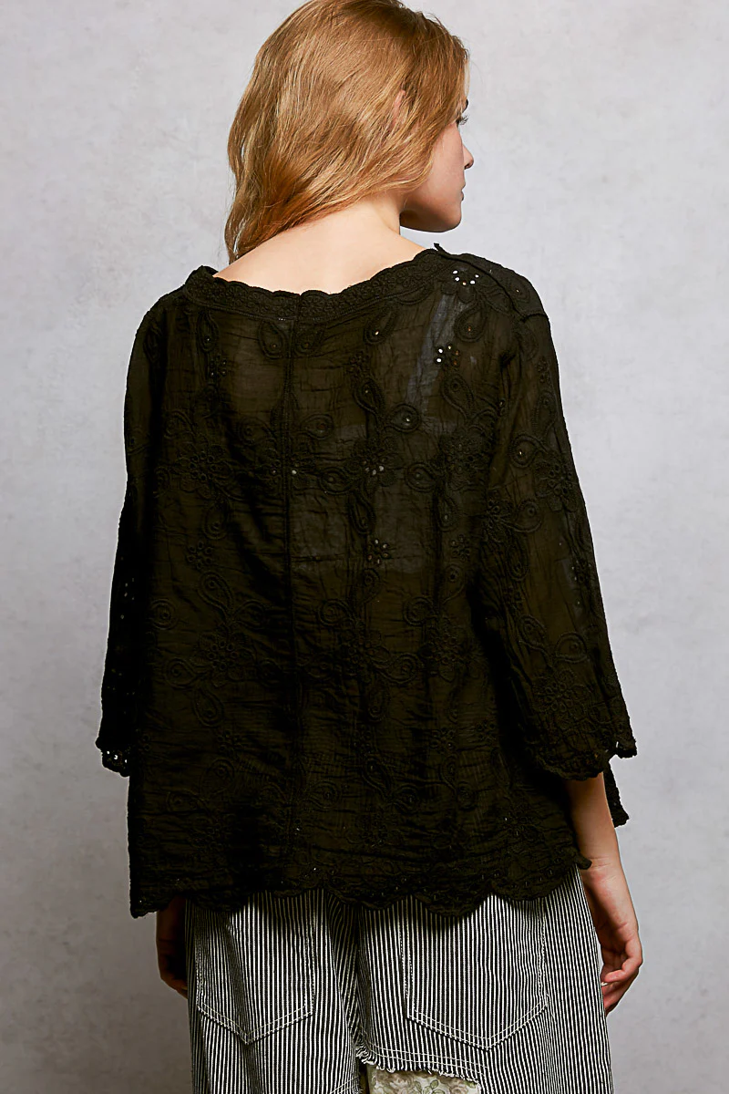 POL Floral Eyelet V-Neck Salloped Shirt - Image 4