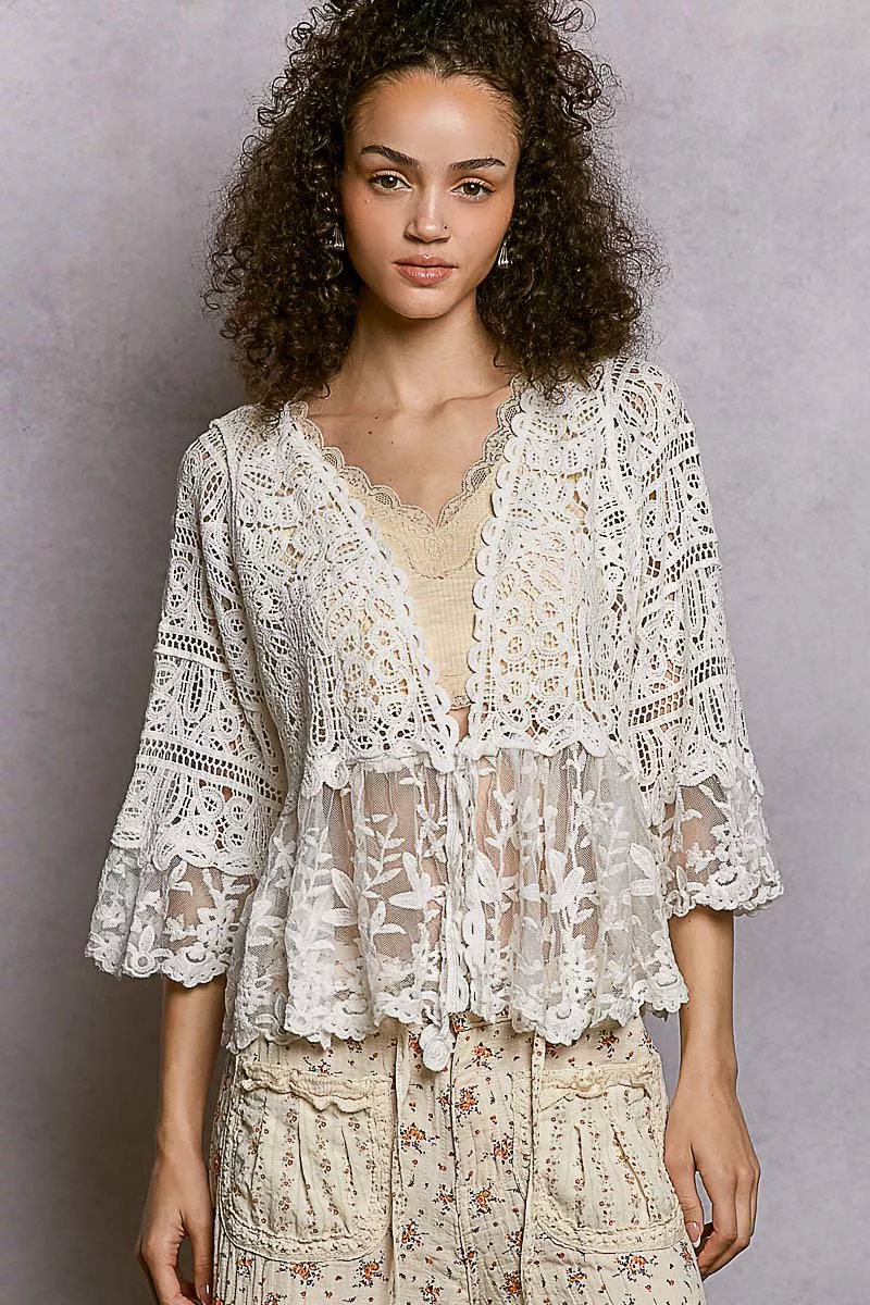 POL Floral Lace Short Sleeve Crochet Cardigan with Tassel Tie - Image 2