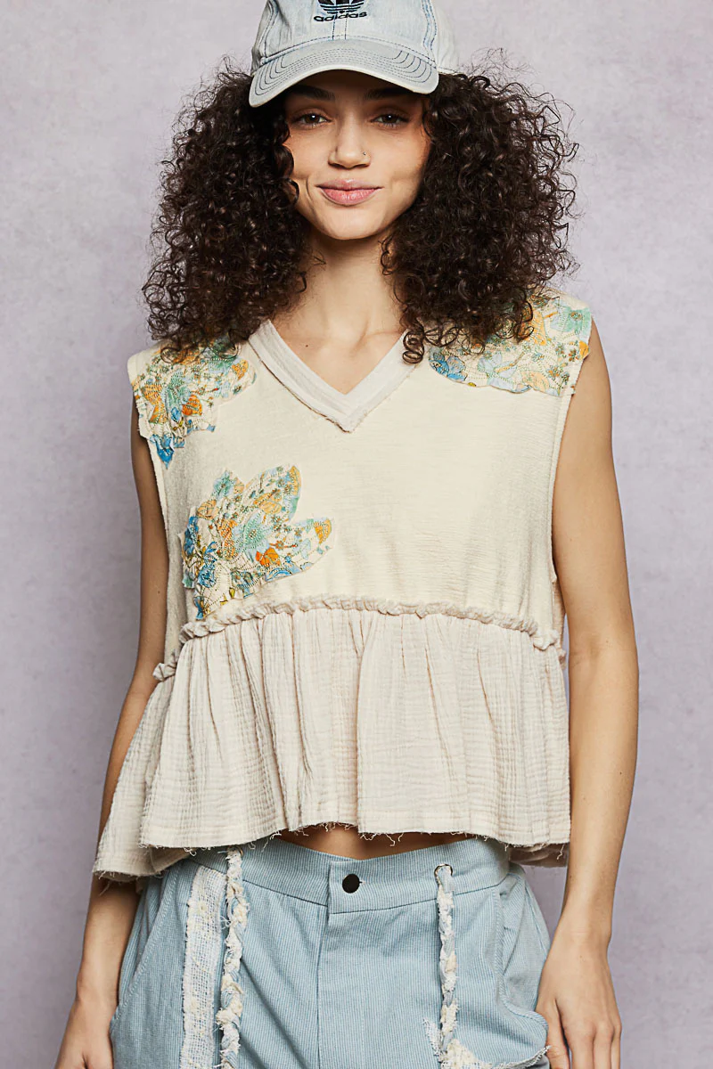 POL Floral Patch Ruffled Sleeveless Top with Raw Edge Detail - Image 7