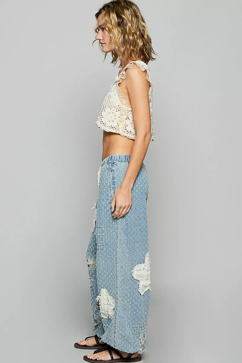 POL Floral Patch Washed Textured Twill Pants with Crochet See Thru Patch - Image 5