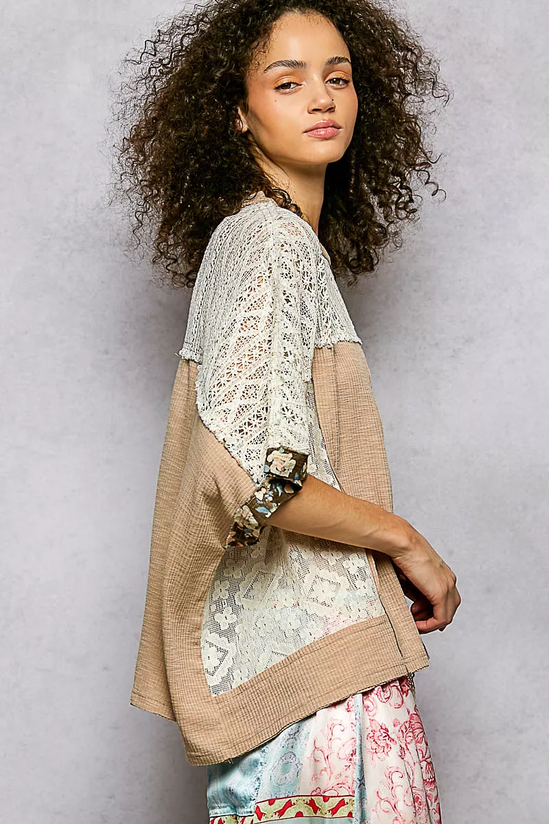 POL Floral Patchwork Lace Accent Blouse - Image 3