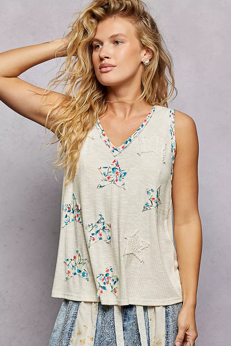 POL Floral Print Star Patch V-Neck Ribbed Tank - Image 2