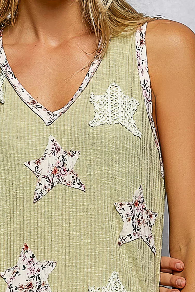 POL Floral Print Star Patch V-Neck Ribbed Tank - Image 6