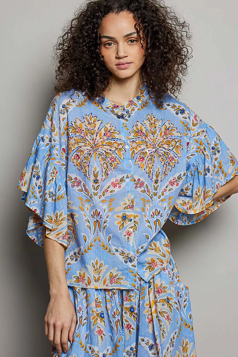 POL Floral Printed Woven Ruffle Sleeve Shirt - Image 2
