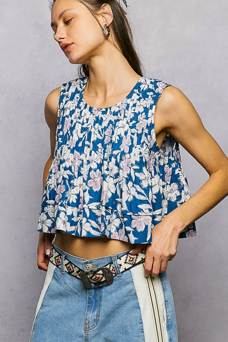 POL Floral Round Neck Cropped Pintuck Tank - Image 3