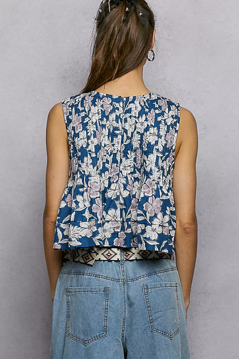POL Floral Round Neck Cropped Pintuck Tank - Image 4