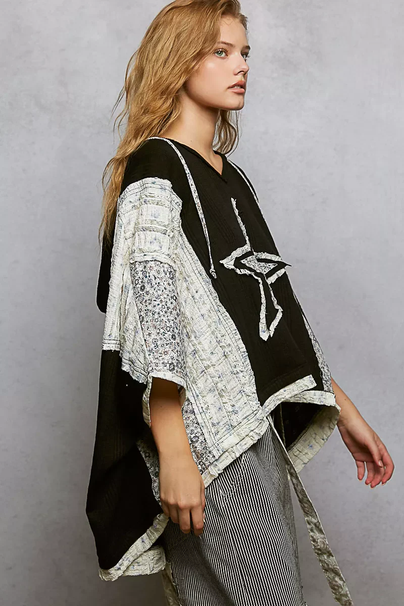 POL Floral Star Patch Hooded Blouse with Lace Contrast Detail - Image 2
