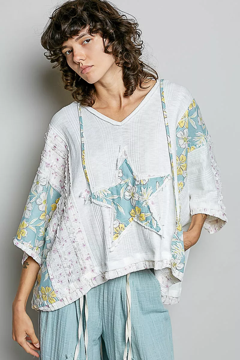 POL Floral Star Patch Hooded Blouse with Lace Contrast Detail - Image 2
