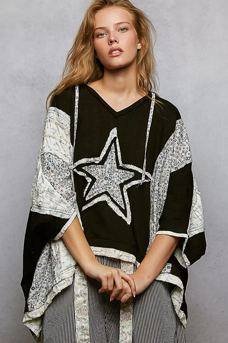 POL Floral Star Patch Hooded Blouse with Lace Contrast Detail - Image 4