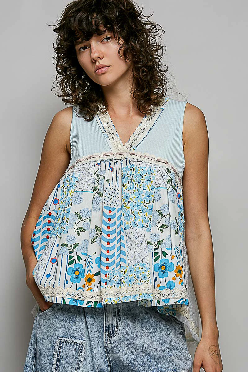POL Floral V-Neck Sheer Tank with Lace Trim - Image 2