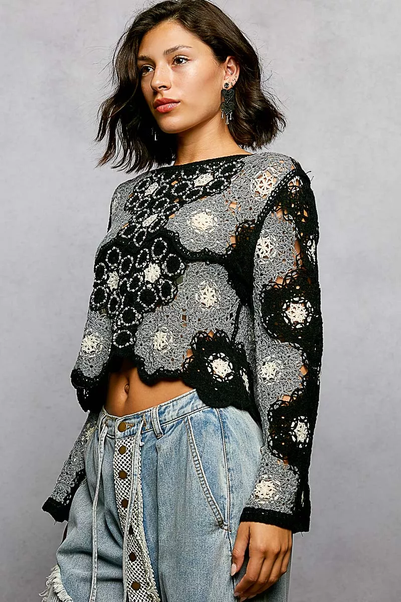 POL Floral Weave Pattern Crochet Cropped Top with Beads Detail - Image 8