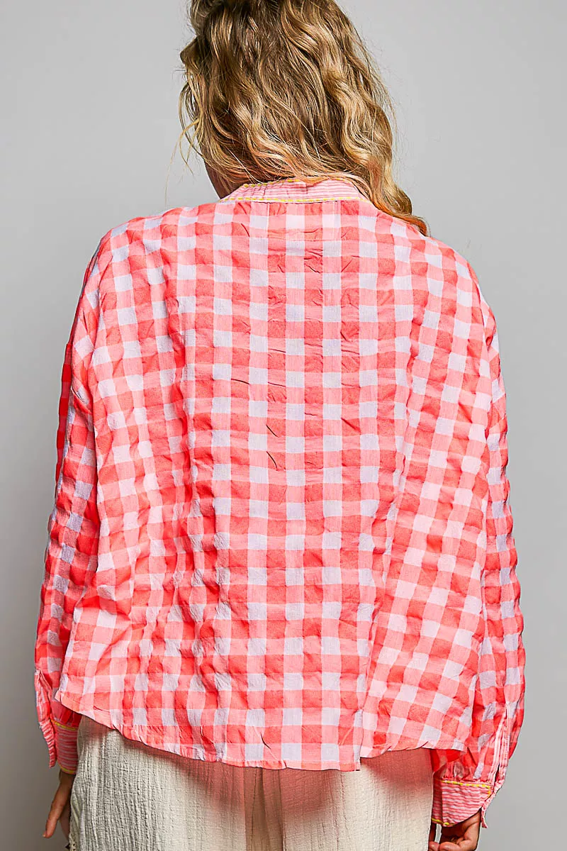 POL Gingham Embroidered Palm Tree Blouse - Image 3