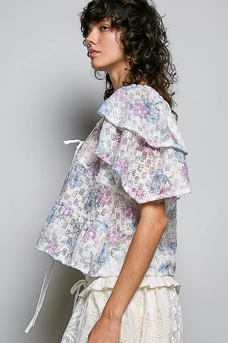 POL Lace Detail Floral Tie Front Ruffle Short Sleeve Blouse - Image 2