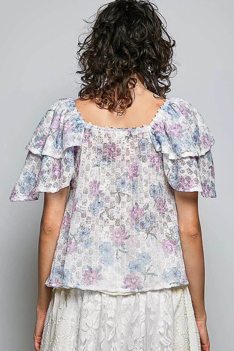 POL Lace Detail Floral Tie Front Ruffle Short Sleeve Blouse - Image 3