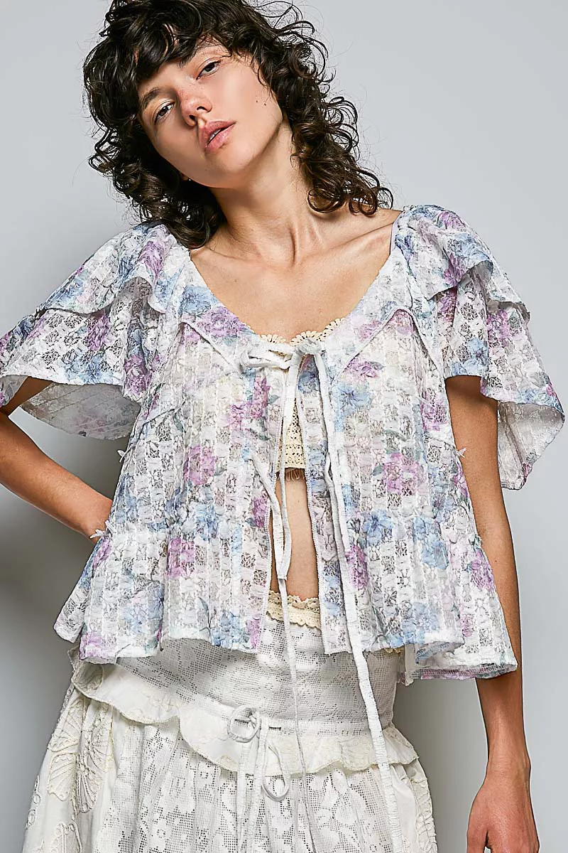 POL Lace Detail Floral Tie Front Ruffle Short Sleeve Blouse - Image 5