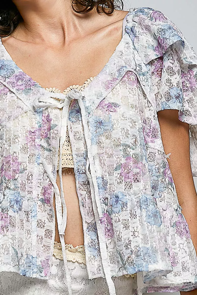 POL Lace Detail Floral Tie Front Ruffle Short Sleeve Blouse - Image 6