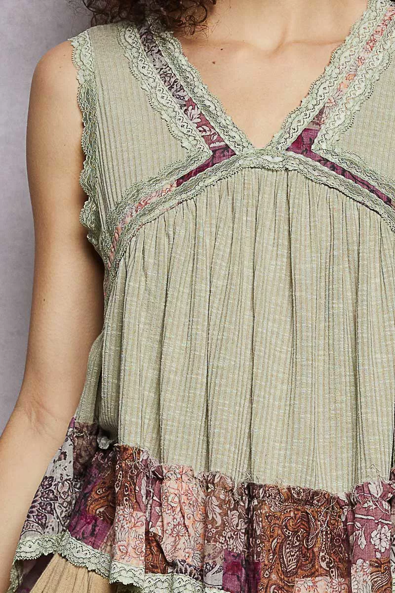 POL Lace Detail Ruffled Ribbed Sleeveless Top with Floral Pattern Trim Detail - Image 6