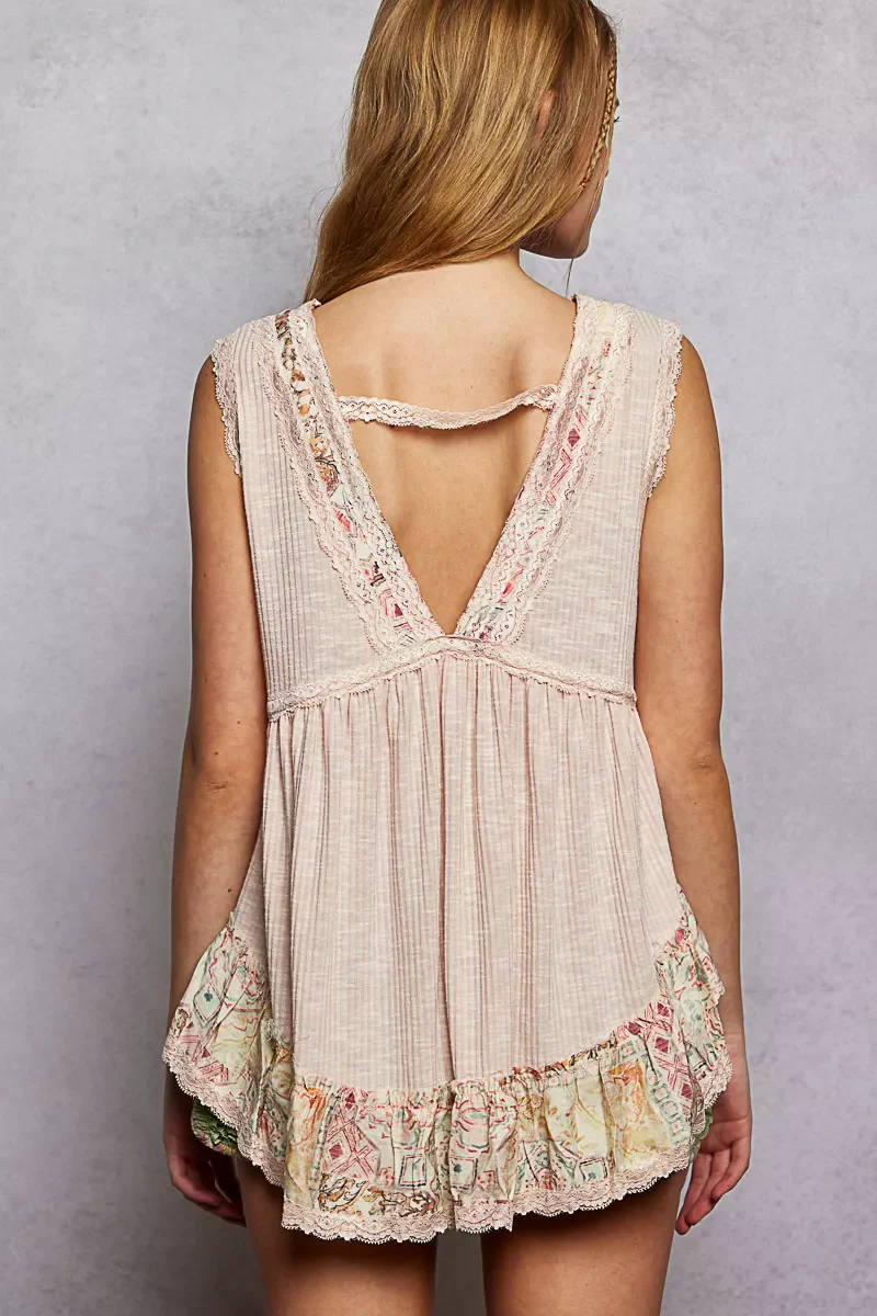 POL Lace Detail Ruffled Ribbed Sleeveless Top with Floral Pattern Trim Detail - Image 4