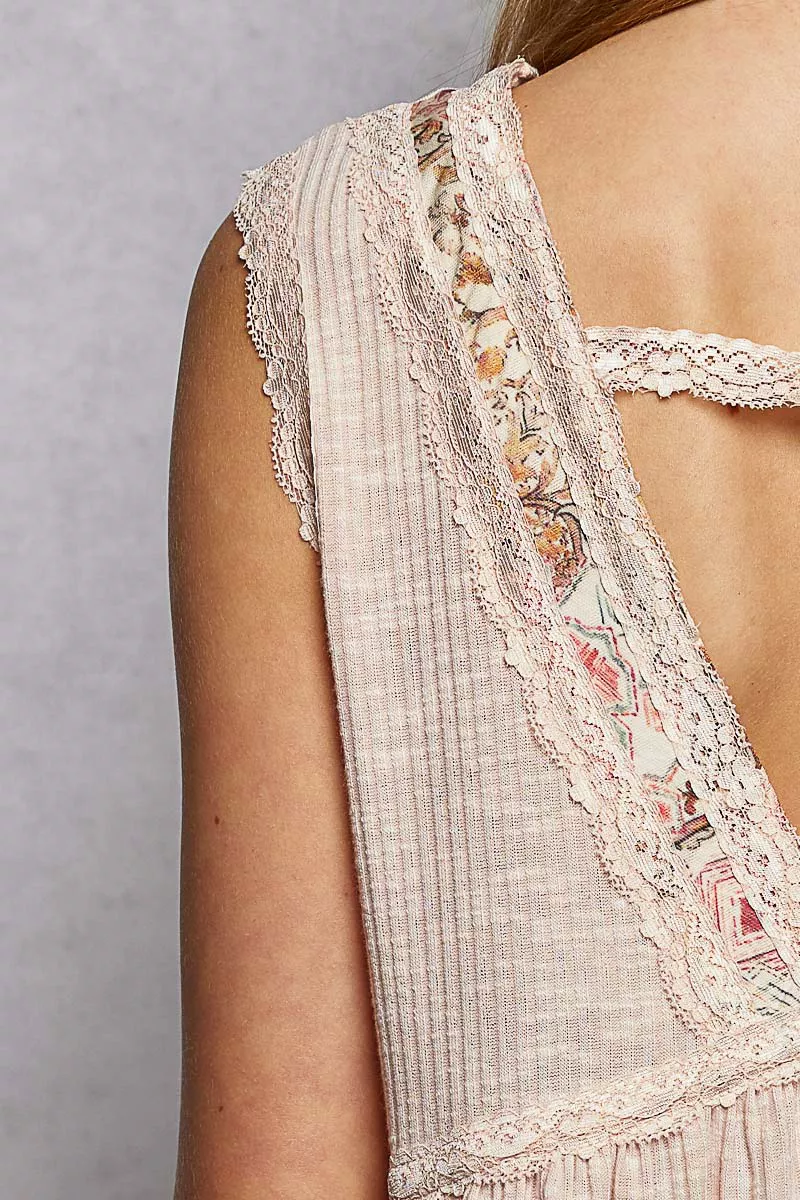 POL Lace Detail Ruffled Ribbed Sleeveless Top with Floral Pattern Trim Detail - Image 6