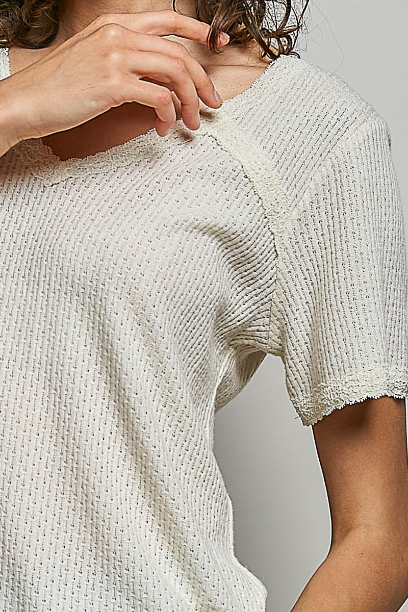 POL Lace Detail V-Neck Short Sleeve Textured T-Shirt - Image 6