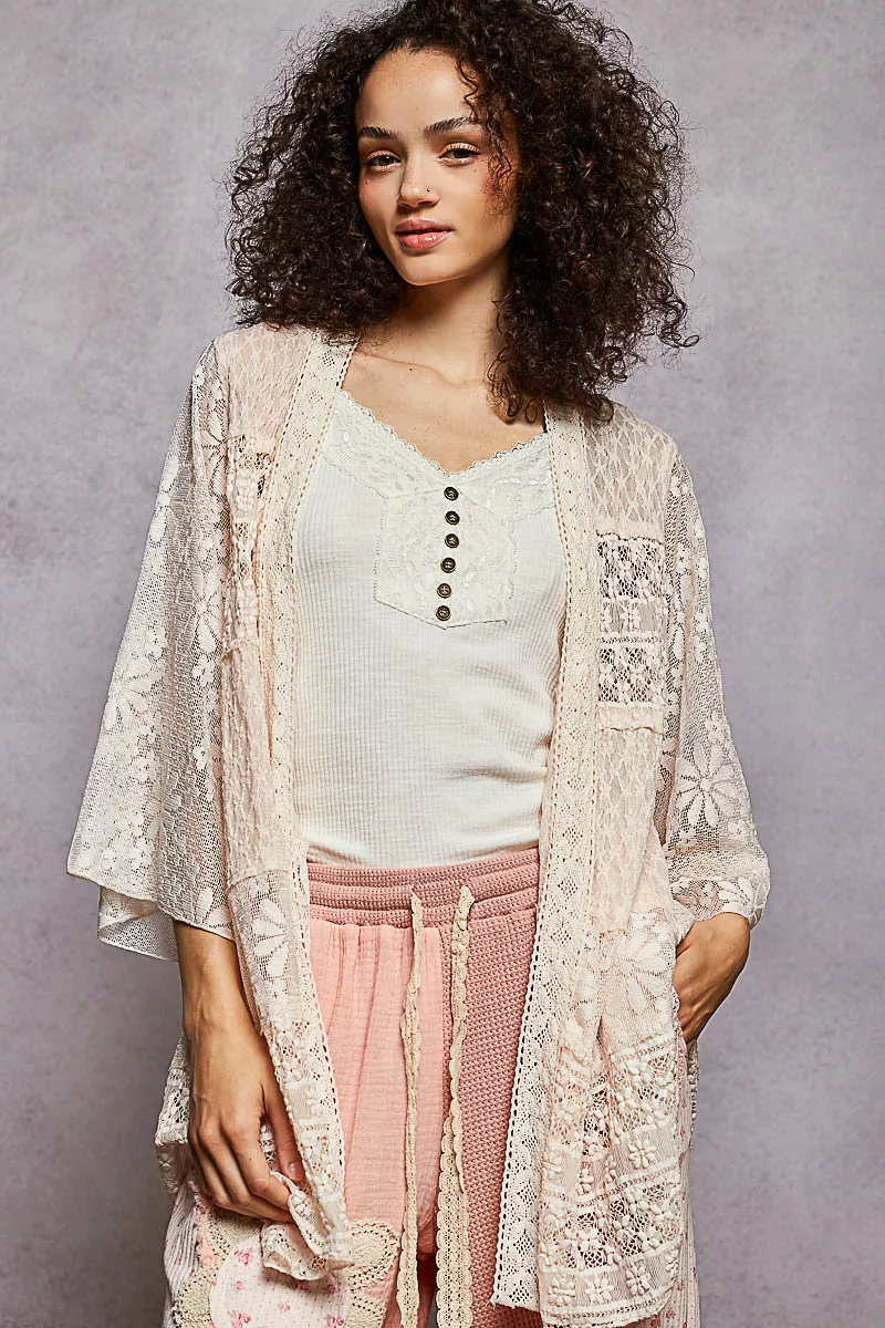 POL Lace Floral Open Front Cardigan with Trim Detail - Image 2