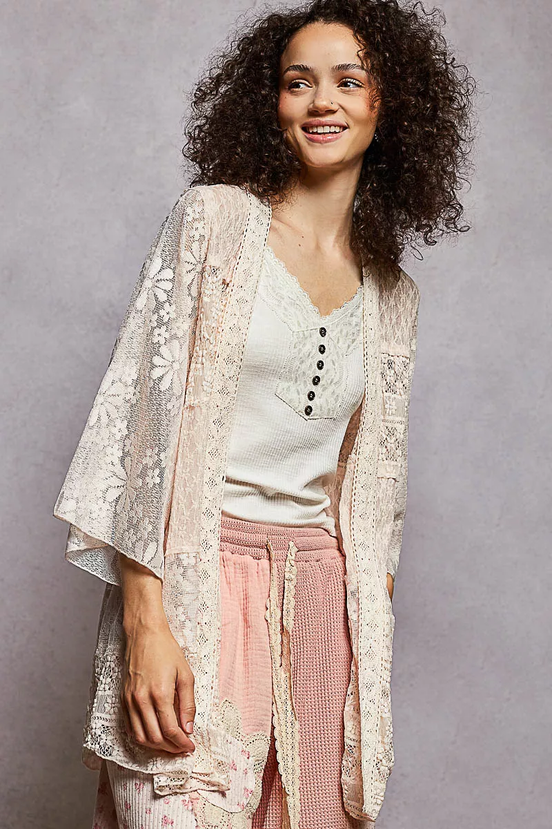 POL Lace Floral Open Front Cardigan with Trim Detail - Image 3