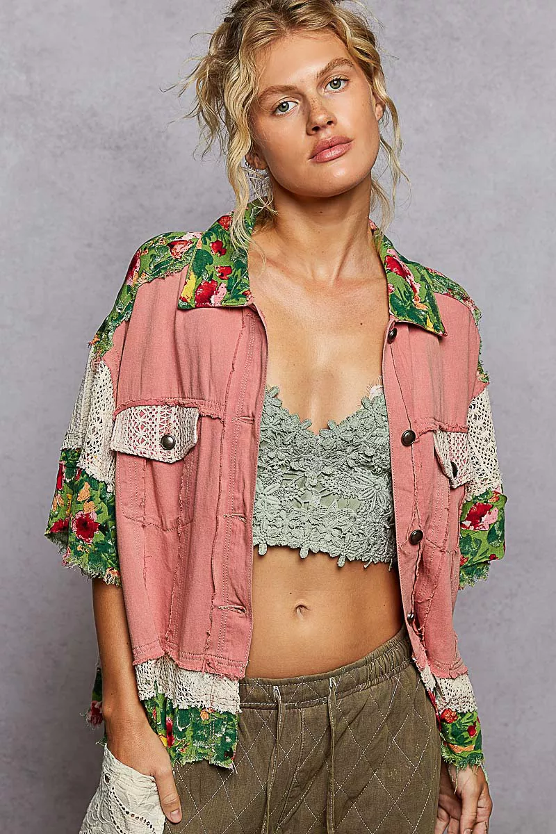 POL Lace Patch Floral Half Sleeve Shacket - Image 2
